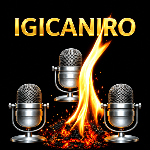 Igicaniro gold wordmark, microphones and flame